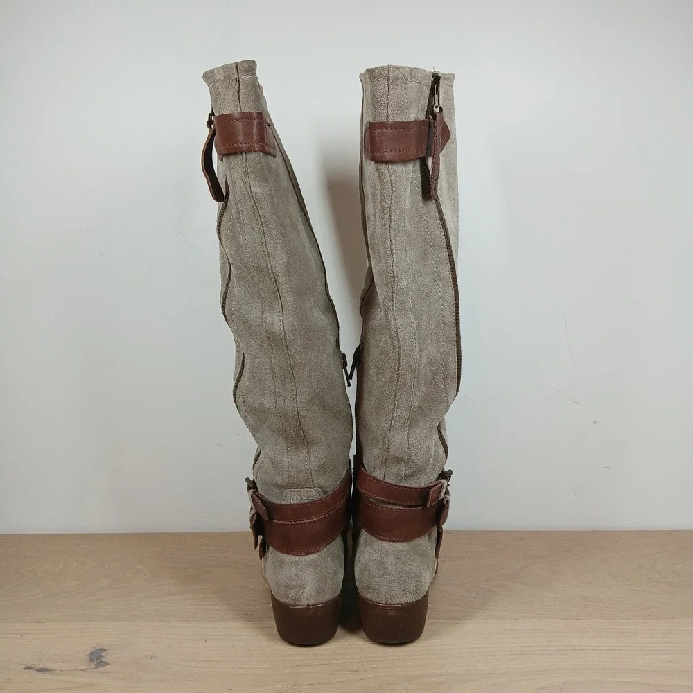Aldo Knee High Boots Womens 6 Gray Suede Leather Buckle Riding Boho Casual